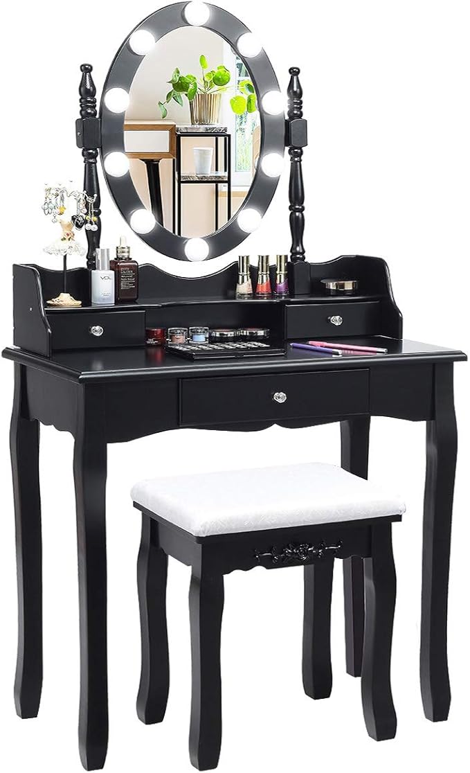 CHARMAID Girls Makeup Vanity Desk with Lights, Vanity Table with Lighted Mirror, 3 Lighting Modes, Adjustable Brightness, Modern Makeup Table with 3 Drawers and Stool for Small Space (Black)
