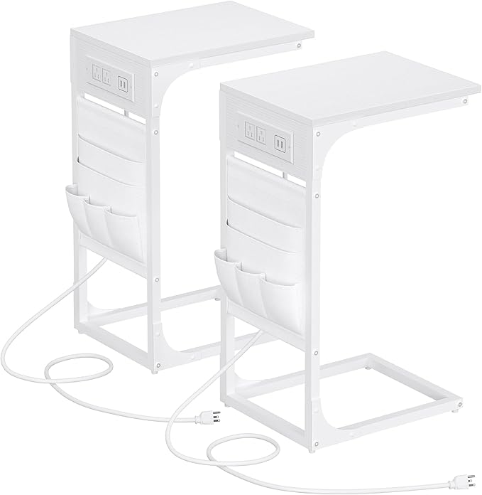 TUTOTAK C Shaped End Table with Charging Station, Side Table for Sofa, Couch Table with Storage Bag, Set of 2, TV Tray Table with 2 USB Ports and Outlets for Living Room, Bedroom, White TB01BW0242