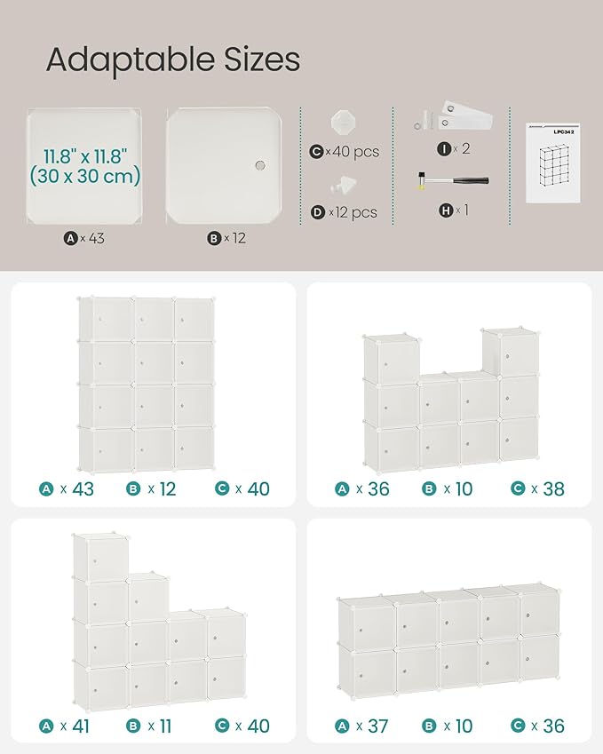 SONGMICS Cube Storage Organizer, Set of 12 Plastic Cubes, Closet Storage Shelves, DIY Plastic Closet Cabinet, Modular Bookcase, Shelving with Doors for Bedroom, Living Room, Cream White ULPC342W02
