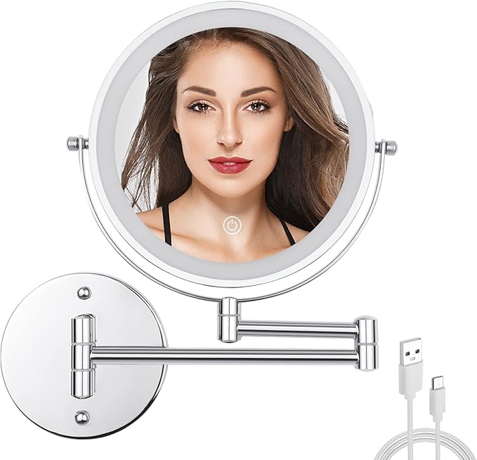 Wall Mounted Makeup Vanity Mirror with Lights, 8” Double Sided 1X/10X Wall Mount Magnifying Bathroom Shaving Mirror with 3 Color Lights, Rechargeable Touch Dimmable Extendable Cosmetic