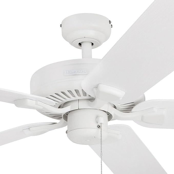 Honeywell Ceiling Fans Belmar 52 Inch Ceiling Fan Without Light, Outdoor Ceiling Fan with Pull Chain, Tri-Mount Traditional 5 Blade Design, ETL Wet Rated, White (50198-01)