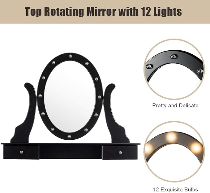 Giantex Vanity Table Set with 12 Lights Mirror, Bedroom Makeup Dressing Table with 360° Rotating Oval Mirror, 5 Drawers and Shelf, Modern Makeup Table with Cushioned Stool for Girls Women (Black)
