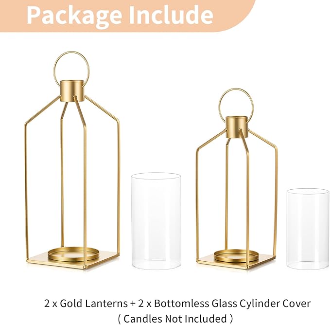 NUPTIO Gold Lanterns Decorative Indoor: Set of 2 Hanging Metal Pillar Candle Lantern with Bottomless Hurricane Glass for Wedding Home Front Porch Outdoor Fireplace Christmas Table Centerpiece