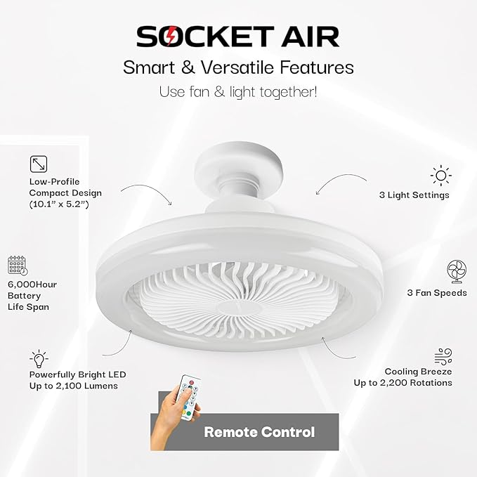 Bell+Howell SocketAir Wireless Ceiling Fan Light with Remote Control, Extender,110-120 Volt, 2100 Lumens, 3 Fan Speeds, 3 Light Settings, 6500K for Living, Dining, Working Space ASON TV