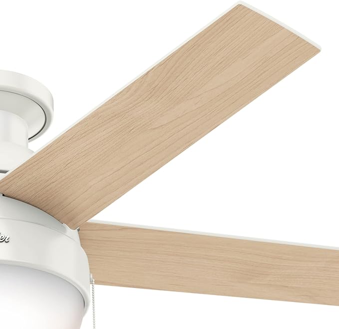Hunter 46 inch Indoor Ceiling Fan with LED Light - White Ceiling Fan with Pull Chain, For Bedroom, Living Room, or Kitchen, Low Profile Mount, No Remote, 5 Blades - Anslee 59269, Fresh White
