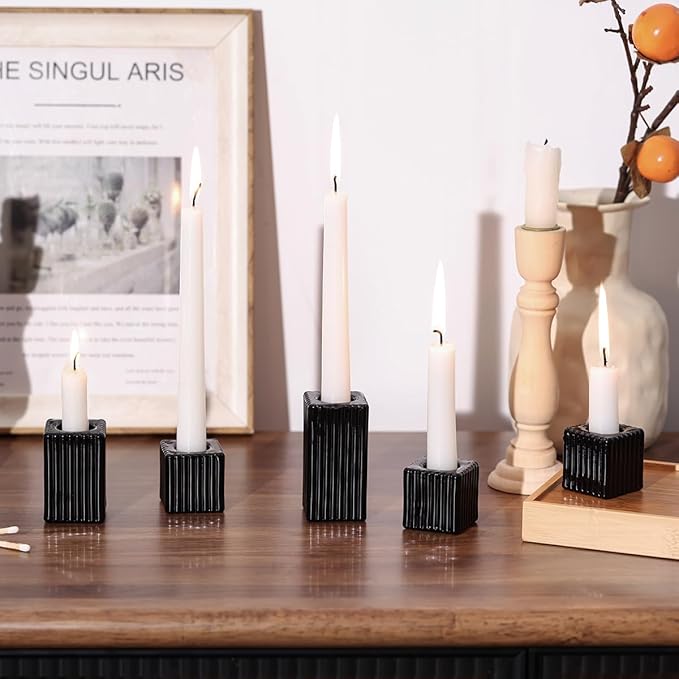 LETINE 12pcs Black Vertical Stripe Glass Candlestick Holders - Chic Taper Candle Sticks Holder Set for Elegant Dining & Home Decor - Ideal Candle Holders for Wall,Living Room,Bedroom, Kitchen Decor