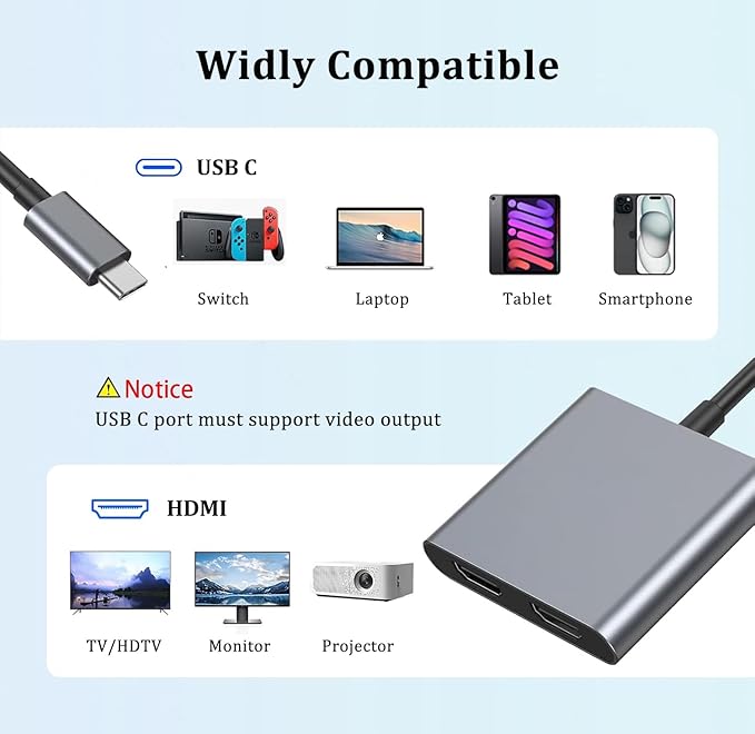 USB C to Dual HDMI Adapter, with 2 4K@60Hz HDMI Docking Station, Type C to HD Splitter for 2 Monitors, Suitable for MacBook Air/Pro, Dell, HP, Lenovo, Chromebook, Surface USB Type C Laptops
