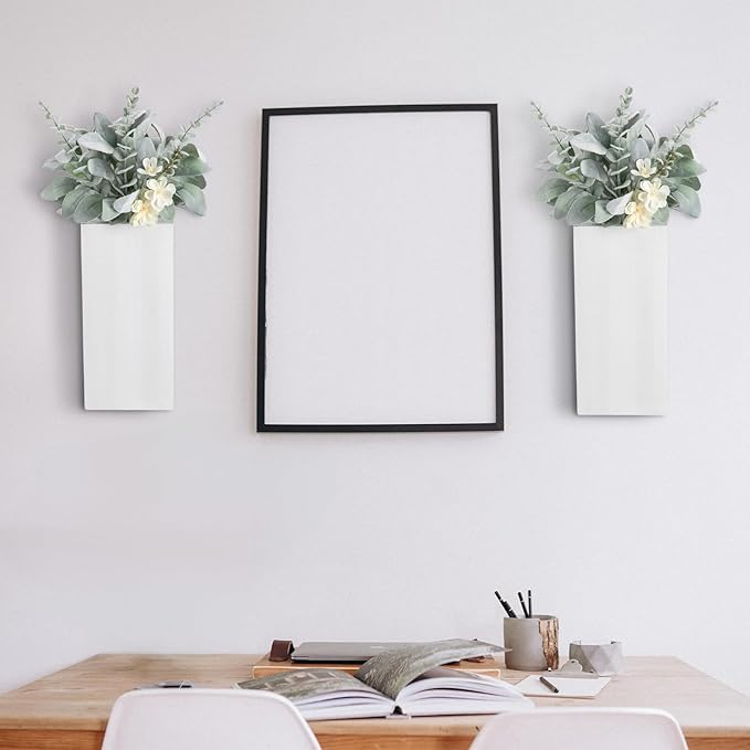 Wood Wall Planters 2 Pack with Artificial Greenery Plants - Pocket Wall Vases for Dried Flowers - Wood Wall Decor Hanging Planters for Living Room, Bedroom, Home Decor - White