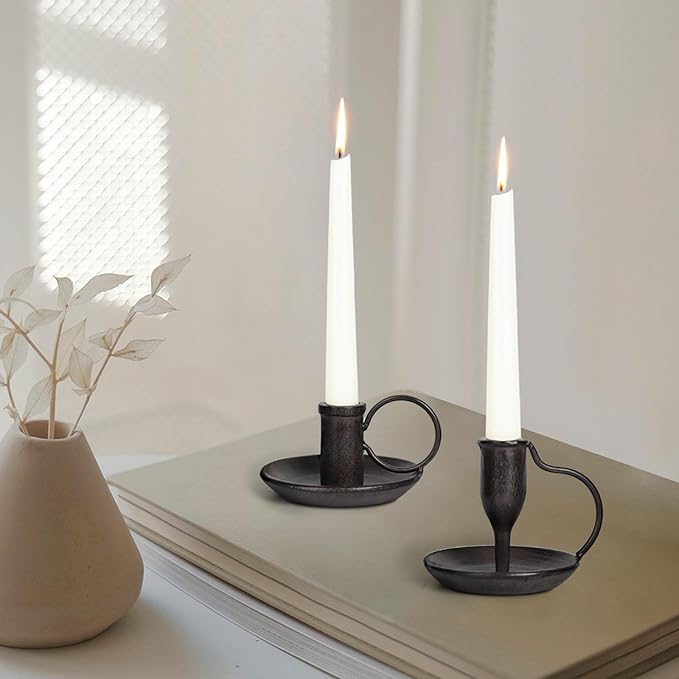 Matte Black Iron Candle Holder with Handle 2 Pcs Taper Candle Sticks Holder Decor Farmhouse Candlestick Holders for Home Wedding Party Dinning Table Centerpiece