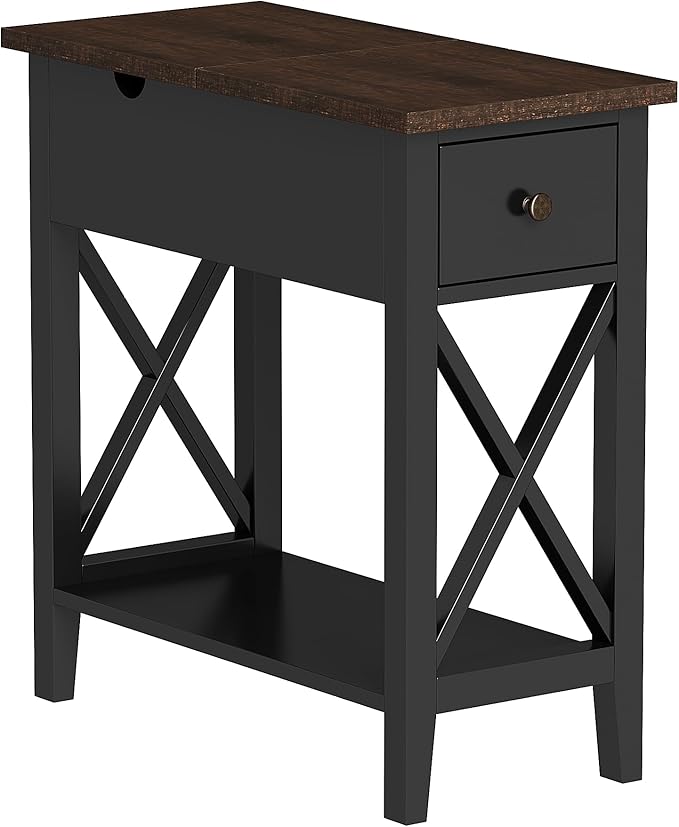 ChooChoo Rustic End Table with Drawer, Accent Small Side Table Nightstand for Living Room, Bedroom, and Small Spaces - Black & Brown
