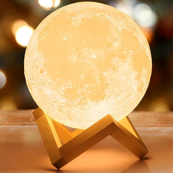Mydethun 3D Moon Lamp, 9.6' Large Night Light with Wooden Base, Touch-Dimmable & Rechargeable, Gift for Mom, Bedroom, Home Décor, Dual-Color White/Warm Yellow