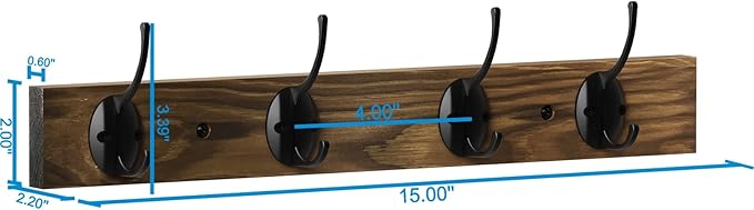 Coat Hooks Wall Mounted, Wooden Hat Rack with 4 Hooks for Entryway, Bathroom,Bedroom(4 Pack,Brown)