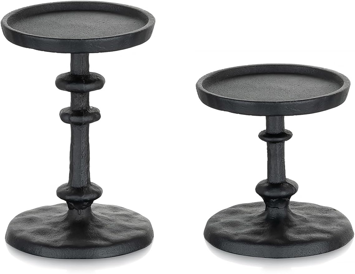NUPTIO Pillar Candle Holder Black: Solid Cast Iron Candle Stand for 3 Inch Pillars - Vintage Sturdy Metal Candleholder for Halloween Christmas Fireplace Mantle Decor