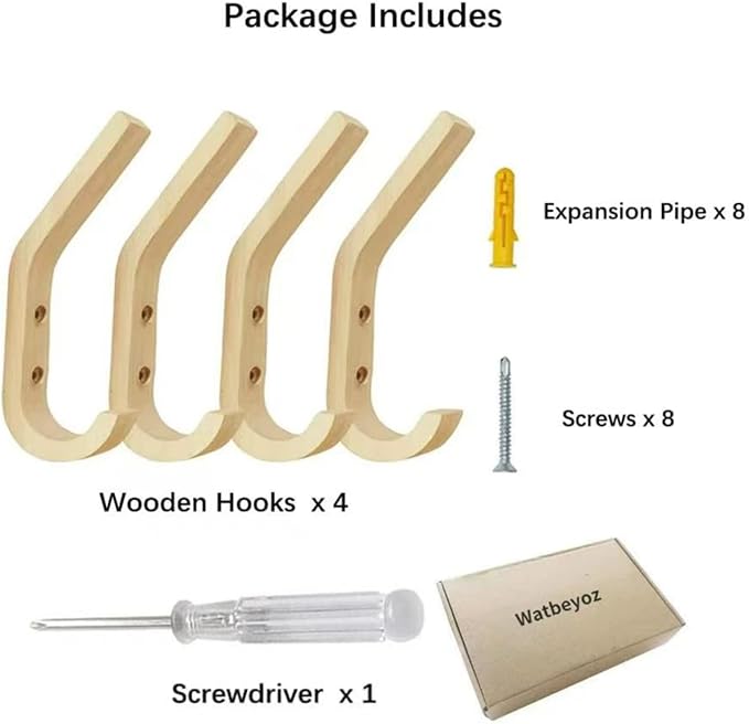 Wooden Coat Hooks Wall Hooks,Natural Oak Wood Hooks Decorative Vintage Wood Wall Hooks Organizer Heavy Duty Wall Mounted Hooks for Hanging Coats, Key, Cap, Cup (4 Pack)