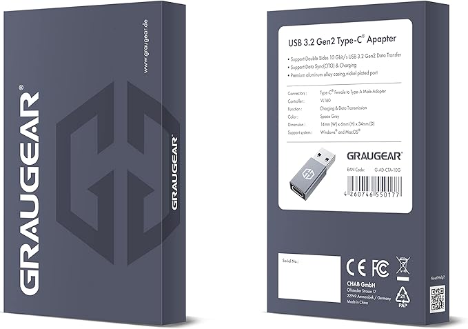 GRAUGEAR USB-C Adapter, 10Gbps Double Sided Data Transfer, 3A Fast Charging, USB C Female to USB A Male Adapter 3.2, Compatible with PC, Laptop, MacBook, iPhone, iPad, Apple Watch, Carplay