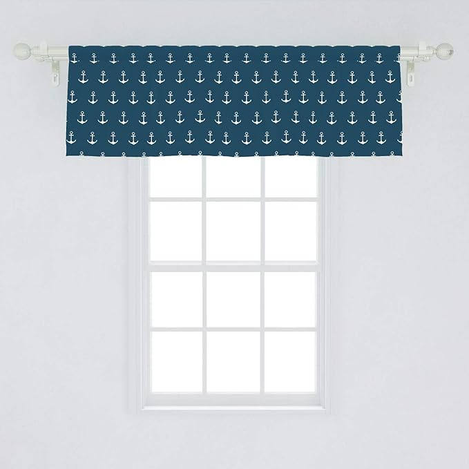 Ambesonne Anchor Window Valance, Nautical Pattern Classic Colors and Anchors Simplistic Design Sailor Ship Print, Curtain Valance for Kitchen Bedroom Decor with Rod Pocket, 54" X 18", Blue White