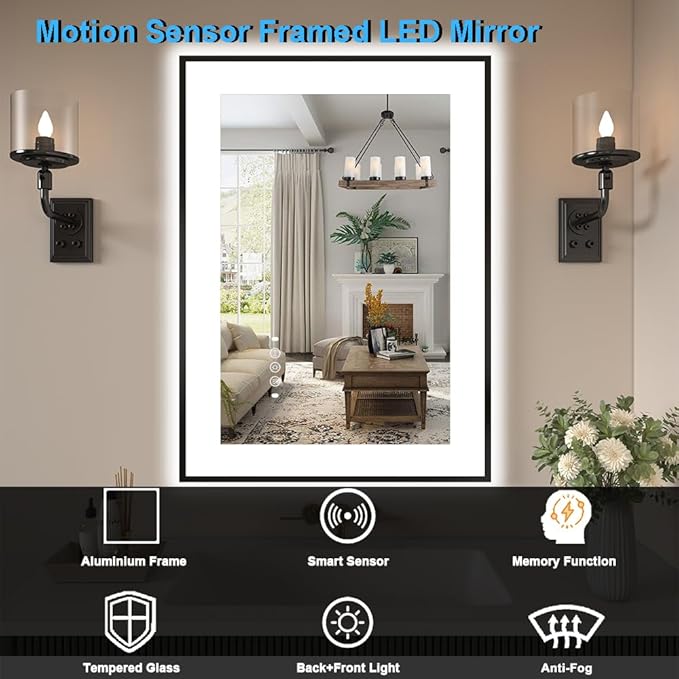 24 x 36 Inch LED Bathroom Mirror with Black Frame, Lighted Bathroom Mirrors for Vanity with Super Bright Front Light + Backlit, Anti-Fog, 3 Colors Stepless Dimmable Motion Sensor Smart Restroom Mirror