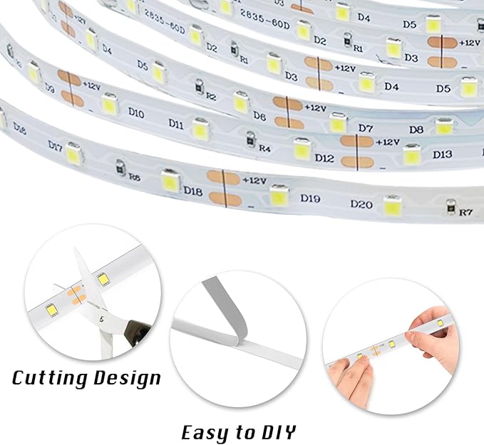 dalattin White LED Strip Lights, 20ft Dimmable Super Bright 24V Led Tape Light 6500K 360 LEDs Lights for Bedrooms, Mirror, Kitchen, Home Decoration Daylight White