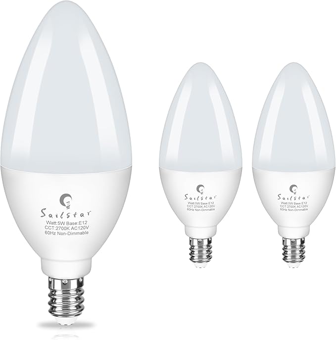 Sailstar E12 LED Bulb 60W Equivalent, 500 Lumens, Ceiling Fan Light Bulbs Soft White 2700K, Type B Light Bulb 5W, CRI 85, B11 Small Base Candelabra LED Light Bulbs, Non-dimmable, Pack of 3
