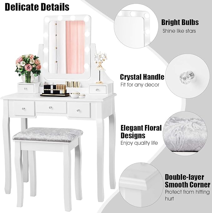 CHARMAID LED Vanity Desk with Lighted Mirror, 10 Dimming Bulbs, 5 Drawers, 3 Storage Organizers, Makeup Vanity Desk with Stool, Bedroom Dressing Table, Gift for Girls Women (White)