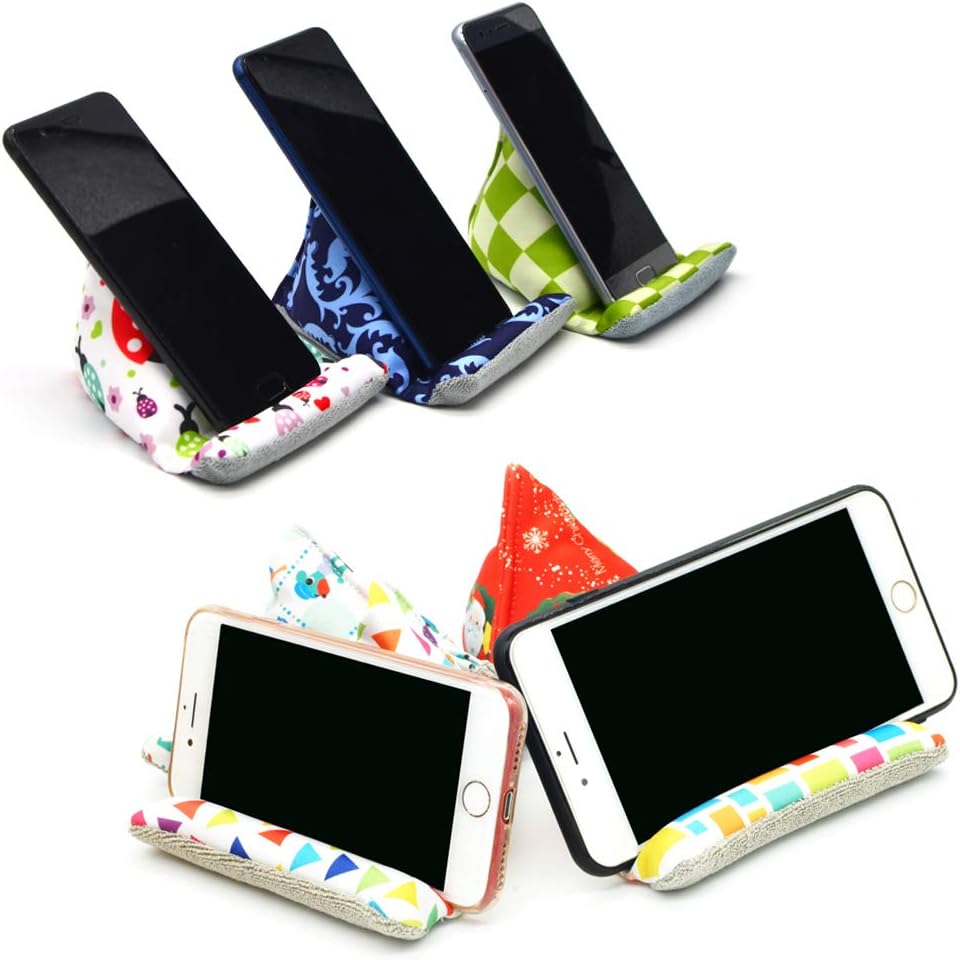 Handmade Fabric Phone Holder for Desk, Phone Pillow Stand for iPhone 15 16 Pro, Bean Bag Holder for iPhone 13 (Blue)