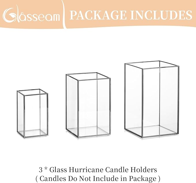 Glasseam Hurricane Glass Candle Holder, Black Candle Holders Set of 3, Square Metal Modern Candle Holder, Modern Large Candle Holders for Table Centerpiece Wedding Christmas Decorative