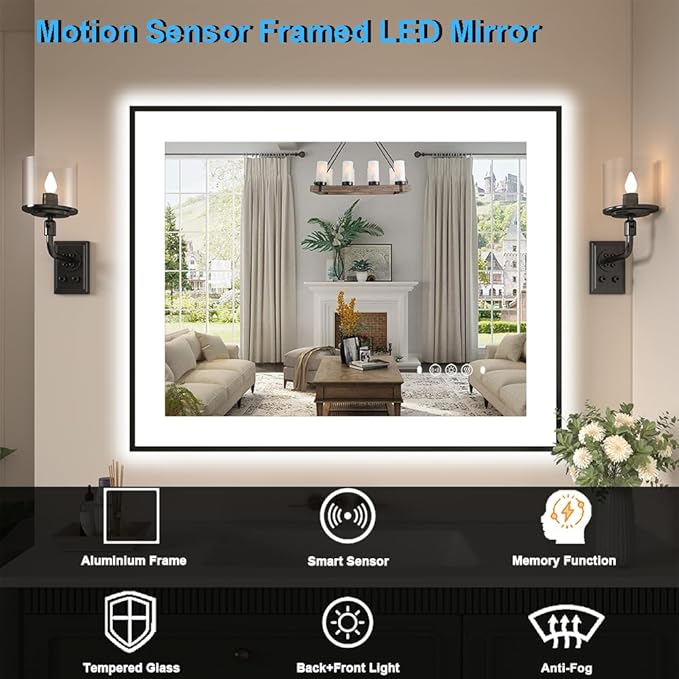 40"x32" Framed Bathroom Mirror with Lights, Motion Sensor Black Vanity Mirror Wall Mounted with 1.97" Front Light Source & Backlit, 3 Colors Dimmable Anti-Fog, Tempered Glass, HD Reflection