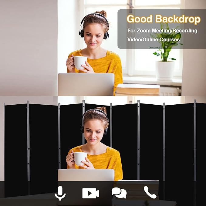 Room Divider, 8 Panel Folding Privacy Screens with Wider Support Feet, 6 Ft Portable Room Partition for Room Separator, 176" W X 71" H, Black