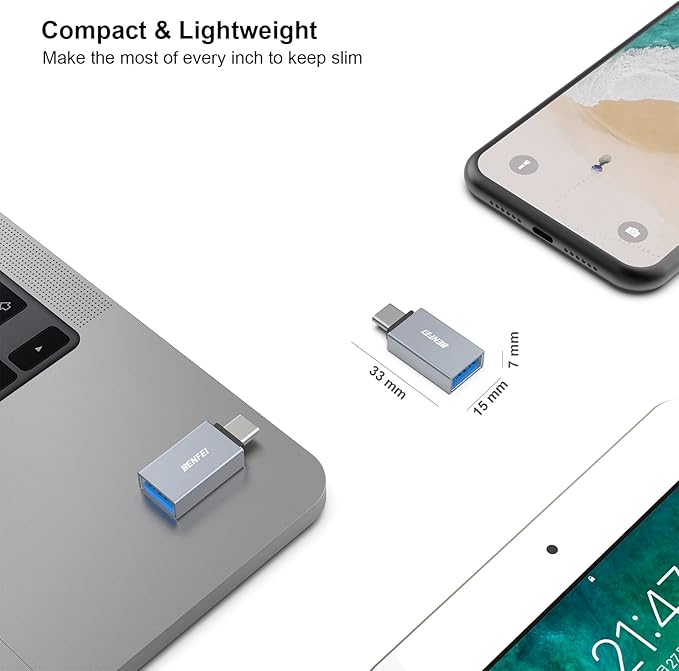 BENFEI 5 Pack USB C to USB 3.0 Adapter, USB C to A Male to Female Adapter Compatible with iPhone 15 Pro/Max, MacBook Pro/Air 2023, iPad Pro, iMac, S23, XPS 17, Surface Book 3 and More - Gray