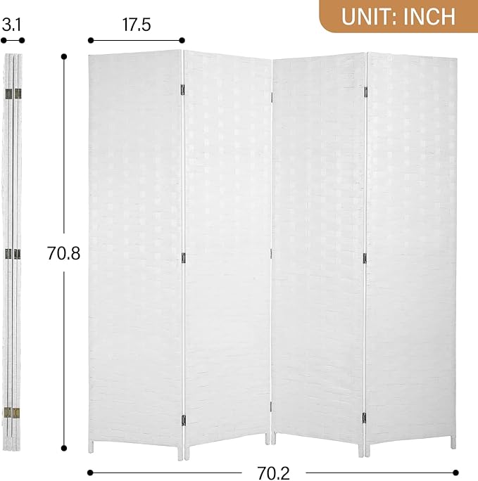 Room Divider Wood Screen Wood Mesh Woven Design Room Divider Folding Portable Partition Screen for Home Office (4 Panel, White)