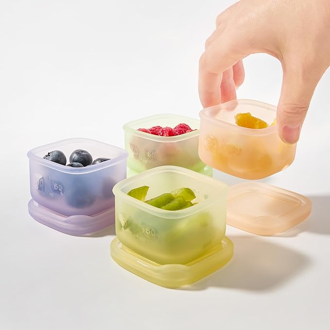 Olababy Clear Sense Silicone Storage Containers 4pk for Baby Food, Snacks, Formula, Puree, Sauce & More | Micro Plastic & BPA-Free | Daycare Essentials for Toddlers and Kids (Coral, 2 oz / 60 ml)