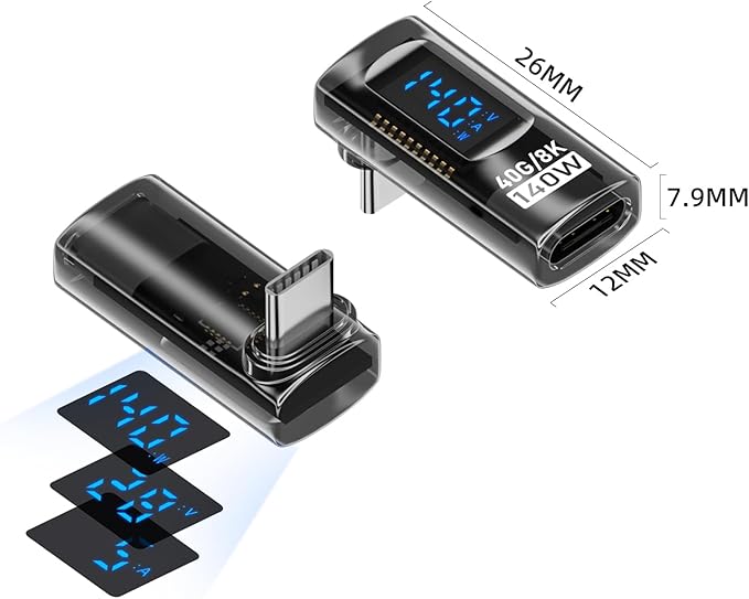 2 Pack USB C Adapter with Digital Display, 90 Degree Right Angle 140W USB-C Male to Female Connector for ROG Ally, Steam Deck and More, Support Voltage, Current and Power Smart LED Display