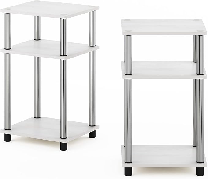 Furinno JUST Side Table Set of 2, 3-Tier End Tables, Open Shelves Night Stand, Nightstand, Toolless Assembly, for Living Room, Bedroom, White Oak/Stainless Steel