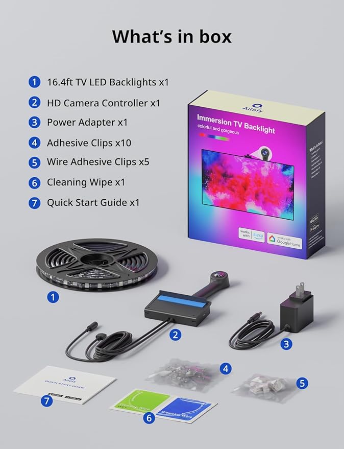 Ailofy Smart TV LED Backlight with Camera, 16.4ft LED Strip Lights Sync to Screen & Music, Color Changing Lights for TV, Works with Alexa & Google Assistant, App Control