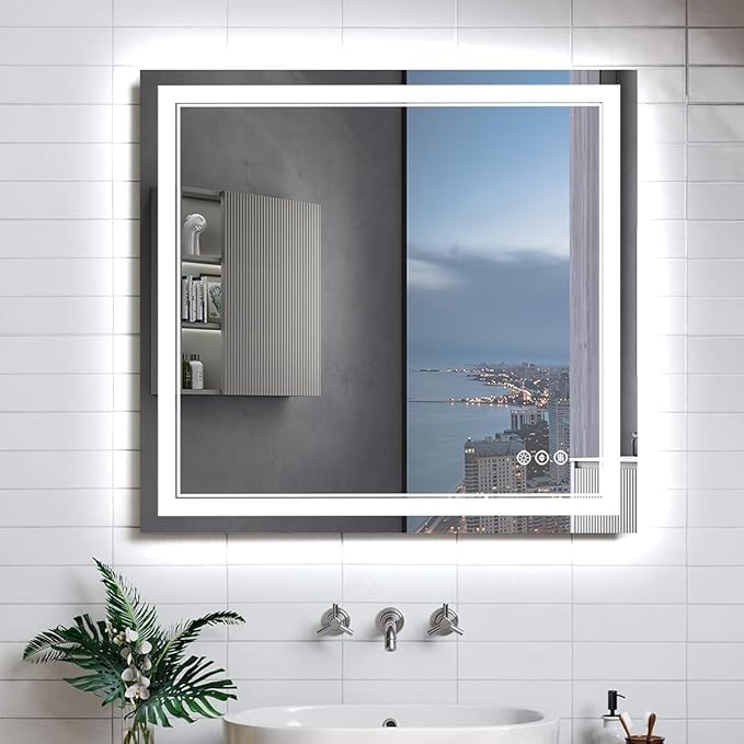 36x36 Inch LED Bathroom Mirror with Lights, Square Lighted Vanity Mirror for Bathroom Wall Mounted with Ample Illumination of 1 Backlit + 2 Front Lits, Defogging, Stepless Dimmable, Tempered Glass