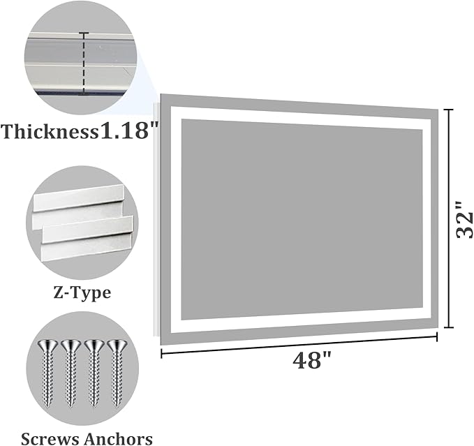 Koonmi 32x48 LED Bathroom Mirror, Backlit + Front Lit, LED Bathroom Mirror with Lights for Wall, 3 Colors, Anti-Fog, Dimmable Brightness, Memory Function, Tempered Glass