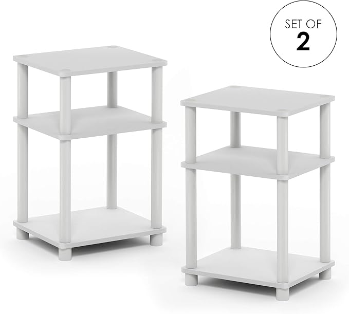 Furinno Just 3-Tier Turn-N-Tube End Table / Side Table / Night Stand / Bedside Table with Plastic Poles, 2-Pack, White/White