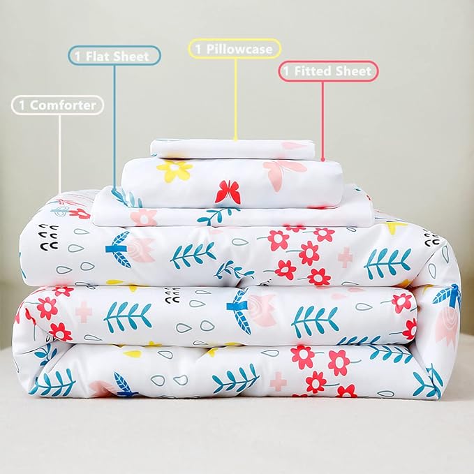 PERFEMET Girls Floral Comforter Set 4 Pieces Flower Bedding Set for Twin Bed Botanical Trees Leaves Butterfly Pattern Comforter for Teens Kids Bed in a Bag for All Seasons(White, Twin)
