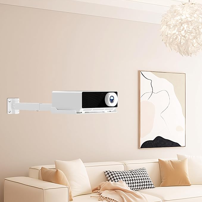 Projector Ceiling Mount with Tray, Adjustable Height Universal Bracket with Concealed Cable Management, No Hole Installation, Holds up to 22 lbs – Ideal for Home Theater & Office (White)