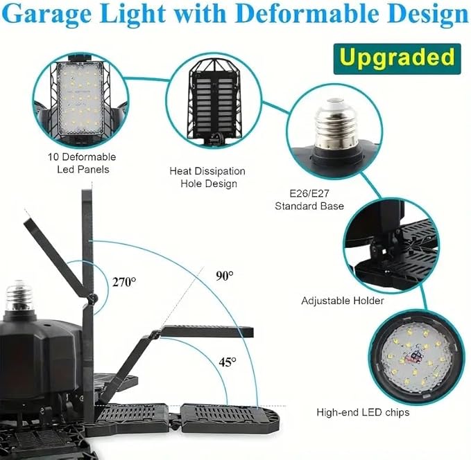 2 Packs LED Garage Light, Super Bright Screw in E26/E27 Ceiling Shop Work Lamp, 260W 26000 Lumen Deformable Basement Bulb Fixture with 10+1 Adjustable Panels, Lighting for Workshop, Attic