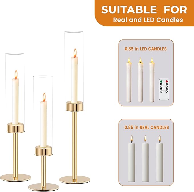 Glass Hurricane Candlestick Holders, Rose Gold Taper Candle Holder Set, Vintage Candelabra, Great Gift for Home Decor Aesthetic, Birthday Parties, Fireplace Parties,Thanksgiving Day & Christmas