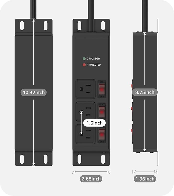 CCCEI 3 Outlet Heavy Duty Surge Protector Power Strip 20 Amp Individual Switches. 12 Gauge Extension Cord, Overload, Ground Protection. Garage Wall Mount Electric Extender, 25FT, Black.