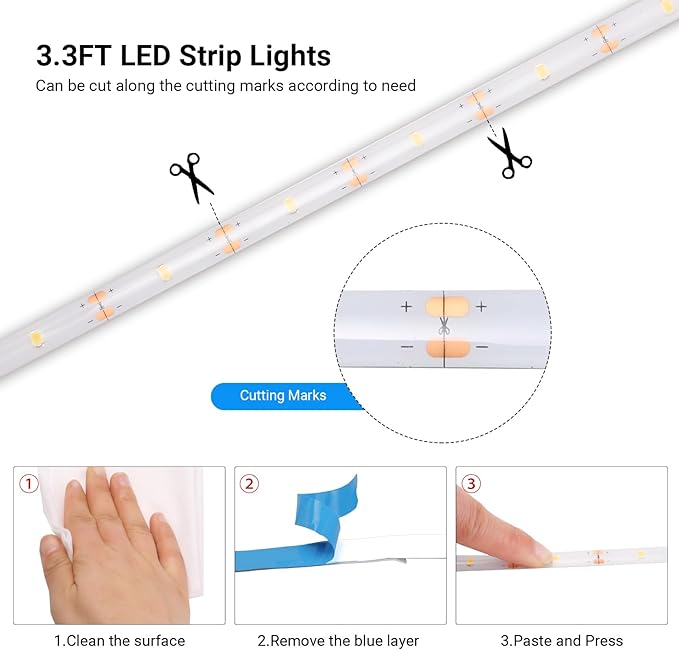 Battery Powered Strip Lights White with Remote, 3.3FT Led Strip Light with 8 Modes, Dimmable, Timer, Self-Adhesive, Cuttable, Waterproof