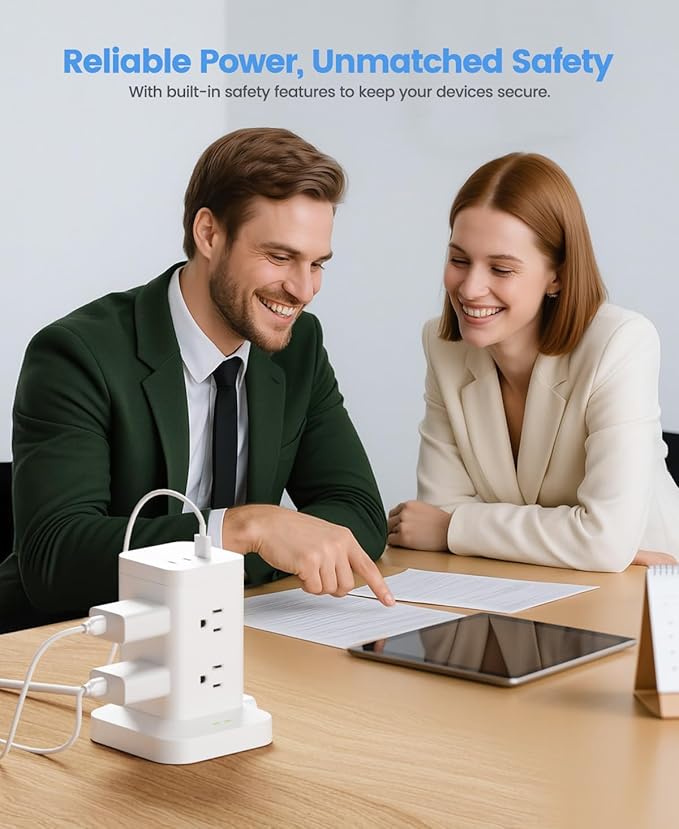 Power Strip Tower with Surge Protector 1800J, Fast Charging Tower PD20W USB-C Ports with 8 AC Outlets, 6ft Extension Cord for Home Office Dorm Room, White
