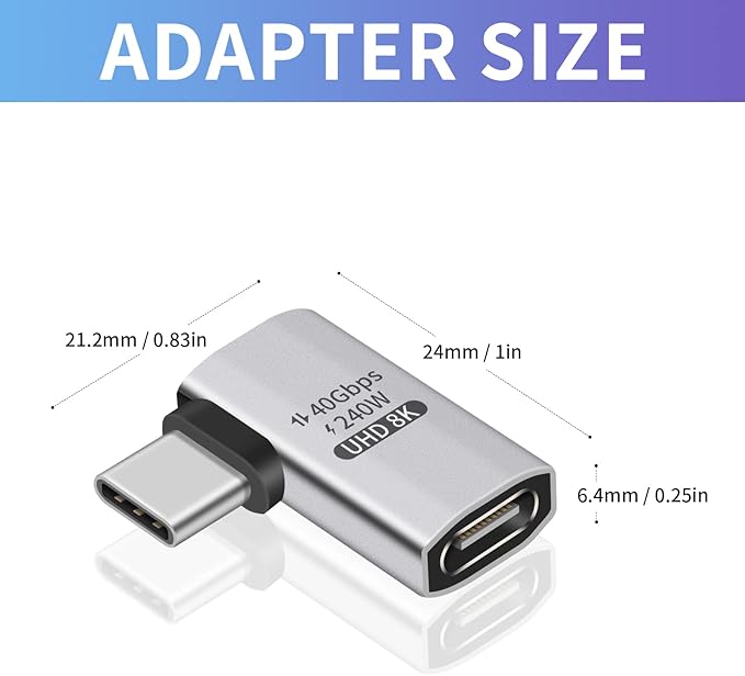 Duttek 240W Right Angle USB-C Adapter, 40Gbps USB C 90 Degree Adapter Male to Female with 8K@60Hz Video Compatible for Thunderbolt 3/4, Switch, MacBookPro/Air, ipad and More Type C Devices (1 Pack)