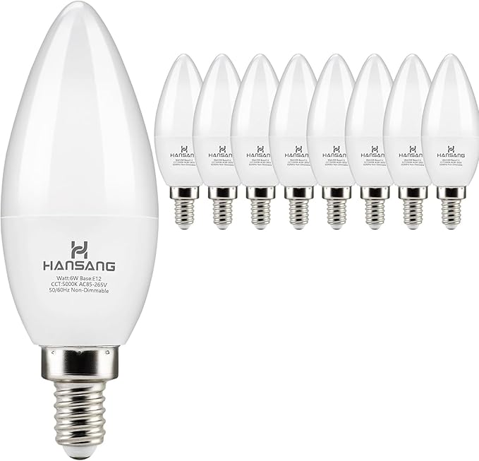 hansang 8 Pack E12 Candelabra LED Bulbs 5000K Bright Daylight, Small Base Ceiling Fan Light Bulb 6W, Type B Light Bulb for Chandelier, Candle Shape B11 Light Bulb, 600LM, Non-dimmable
