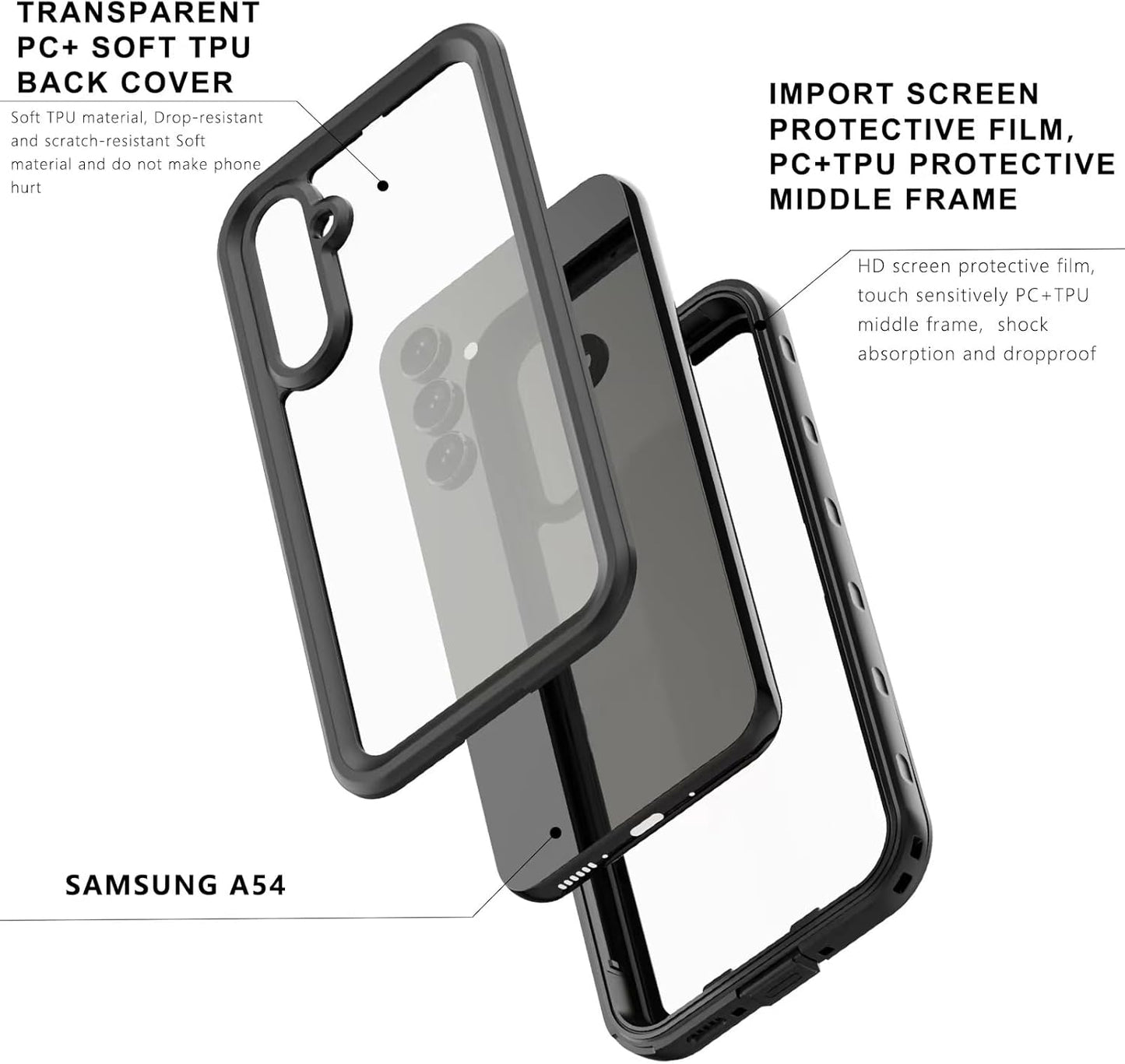Fully Sealed Waterproof Case for Samsung Galaxy A54 5G, IP68 Shockproof Dustproof Clear Cover Protector for A54 5G
