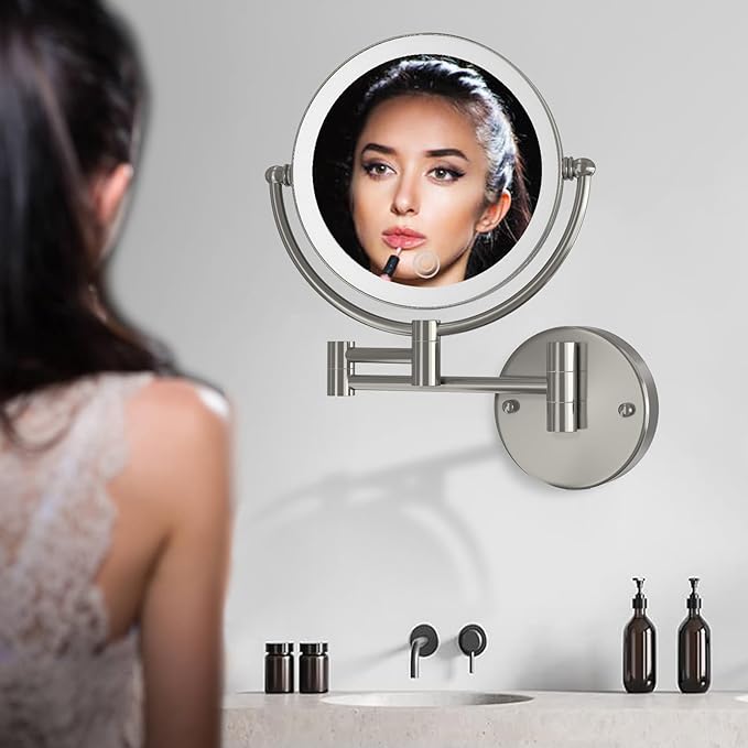 Wall Mounted Lighted Makeup Vanity Mirror with Magnification, 8 Inch Double Sides 10X Magnifying Bathroom Mirror 3 Color Lighting Touch Dimming, Extended Arm Shaving Mirror Hard Wired, Brushed Nickel