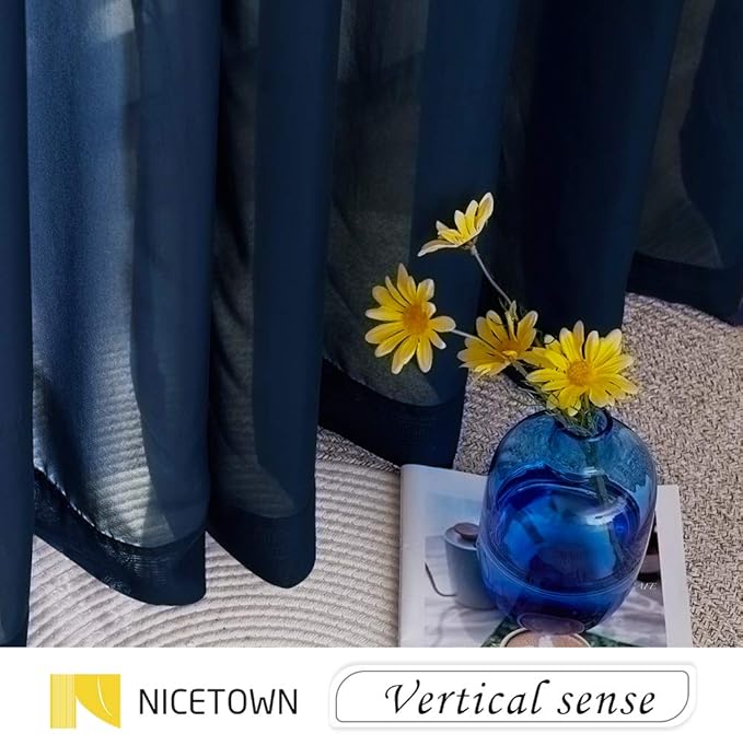 NICETOWN Chiffon Sheer Curtain Panels 96 inches Long, Soft Grommet Top Chiffon Sheer Window Treatment Curtains for Living Room (W55, Navy Blue, 2 Pieces)