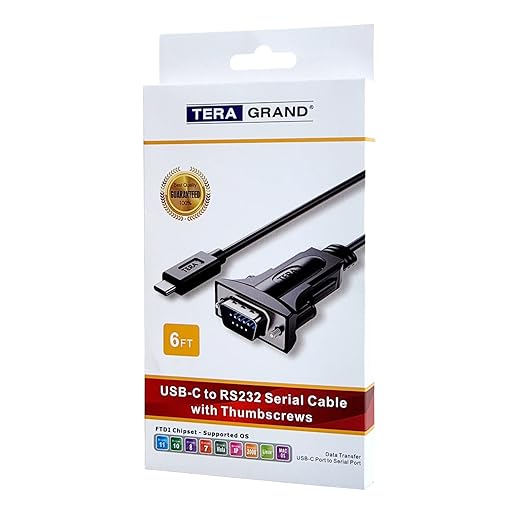 Tera Grand - USB C to RS232 Serial DB9 Adapter Cable with Thumbscrews and FTDI chipset, Supports Windows 11, 10, 8, 7, Vista, XP, 2000, 98, Linux and Mac, 6 Ft